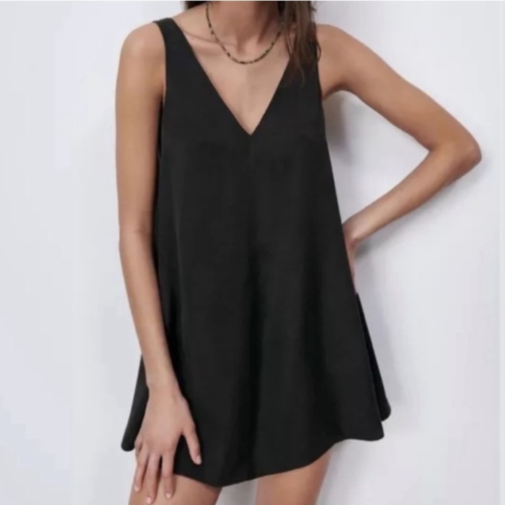 Zara Double V Neck A-Line Mini Dress Black Sleeveless Evening Lined-Small